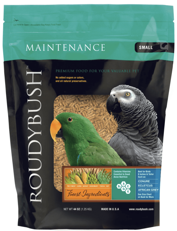 A bag of Roudybush Maintenance 44 oz for parrots.